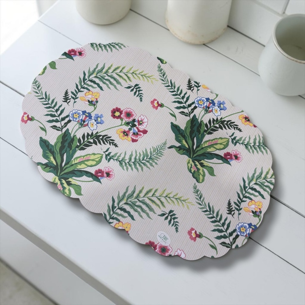 Vintage Drulane Primrose Floral Scalloped Oval Vinyl Placemats Set of‎ 6 Cream